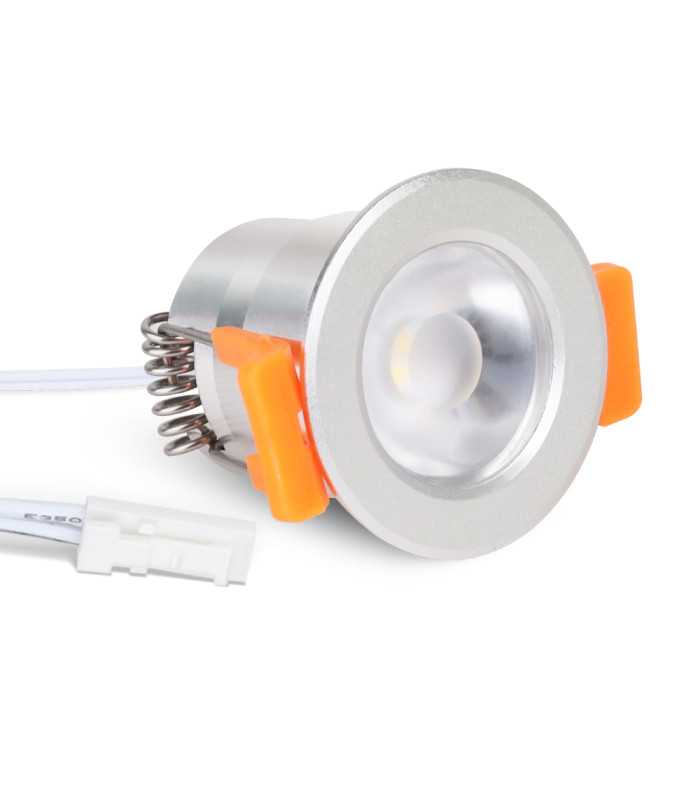 Front view of MiBoxer 3W dual white LED spotlight with reflective surface and orange installation clips.