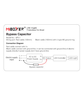 MiBoxer Bypass Capacitor BPC1 connection diagram showing wiring details with red and black cables for AC to DC power supply