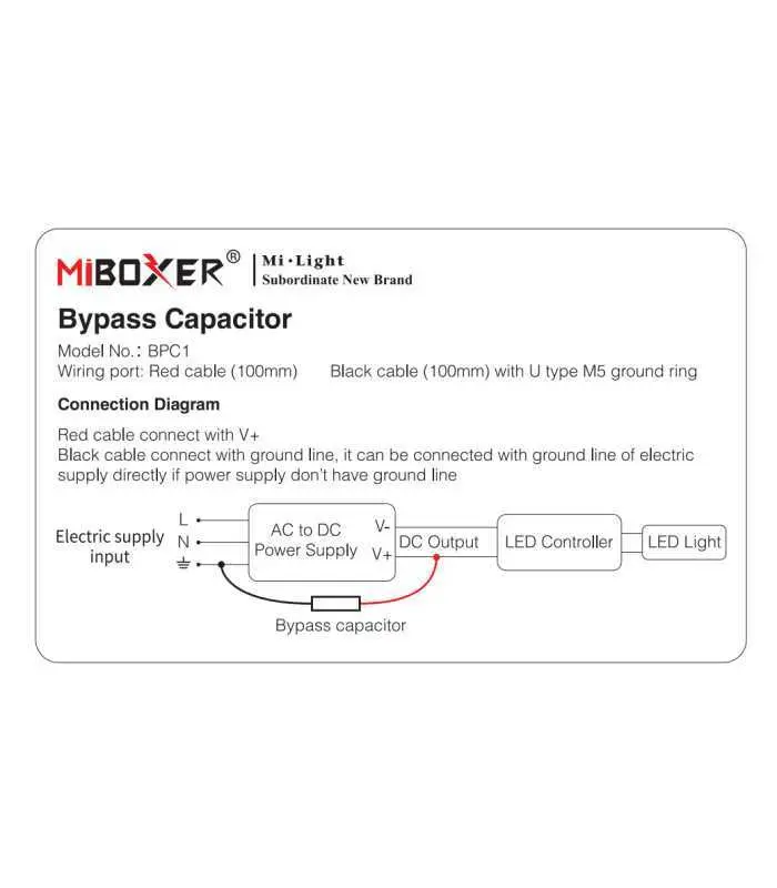 MiBoxer Bypass Capacitor BPC1 connection diagram showing wiring details with red and black cables for AC to DC power supply