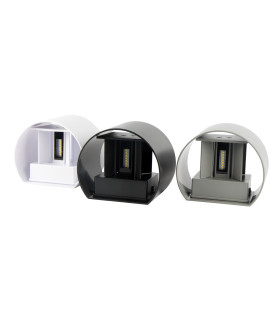 Set of three circular LED wall lights in white, black, and grey, showing variations in design and colour.