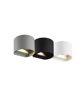 Three cylinder-shaped LED outdoor wall lights in grey, black, and white, with an upward and downward light beam design