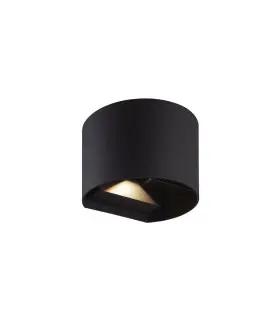 Black cylinder LED outdoor wall light with an upward and downward light beam design.