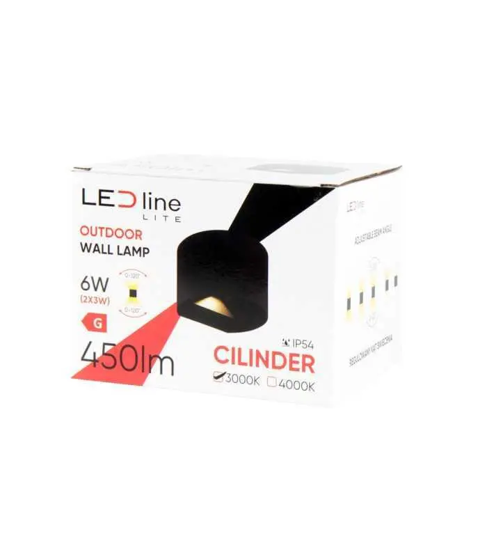 Black cylinder-shaped LED outdoor wall light packaging, featuring product specs and design.