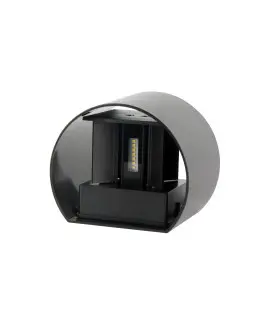 Black circular LED wall light with exposed LED elements, front view.