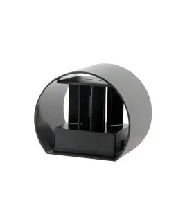 Black circular LED wall light with a minimalist design and reflective finish.