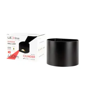 Black cylinder LED outdoor wall light displayed next to its packaging, highlighting product details.