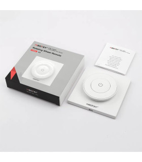 Close-up front view of MiBoxer rotating wheel remote K3 in white, featuring a central control button for smart lighting control.