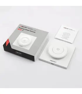 MiBoxer rotating wheel remote K3 in white, shown in packaging with remote and user manual included.