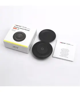 MiBoxer Rotating Wheel Remote (K3S) in black, shown with its packaging and user manual.