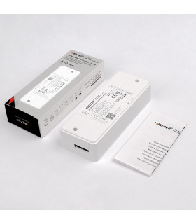 MiBoxer AC Triac Dimmer (2.4GHz + Push) device alongside its packaging and user manual.