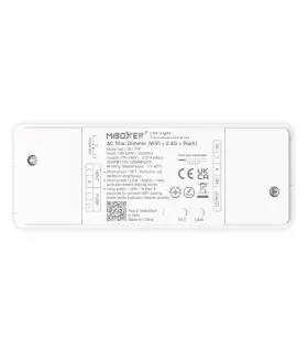 Top-down view of MiBoxer AC Triac Dimmer with visible product label, technical specifications