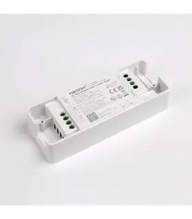 Close-up side view of the MiBoxer AC Triac Dimmer showing input/output terminals and wiring connection