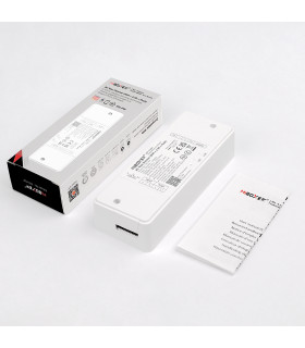 MiBoxer AC Triac Dimmer displayed alongside its retail packaging and user manual, highlighting product branding