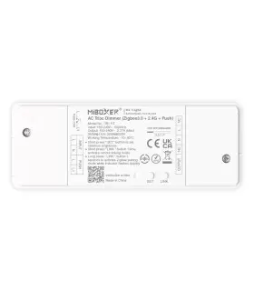 Back view of the MiBoxer 500W AC Triac Dimmer with Zigbee 3.0 and 2.4GHz push control, showing product specifications