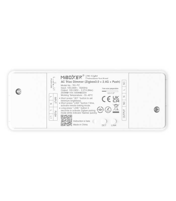 Back view of the MiBoxer 500W AC Triac Dimmer with Zigbee 3.0 and 2.4GHz push control, showing product specifications