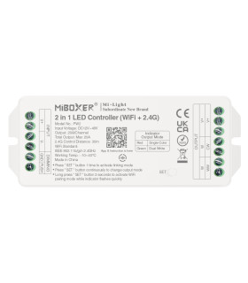 Top view of the MiBoxer 2-in-1 LED Controller with WiFi (2.4G), featuring connection terminals and specifications