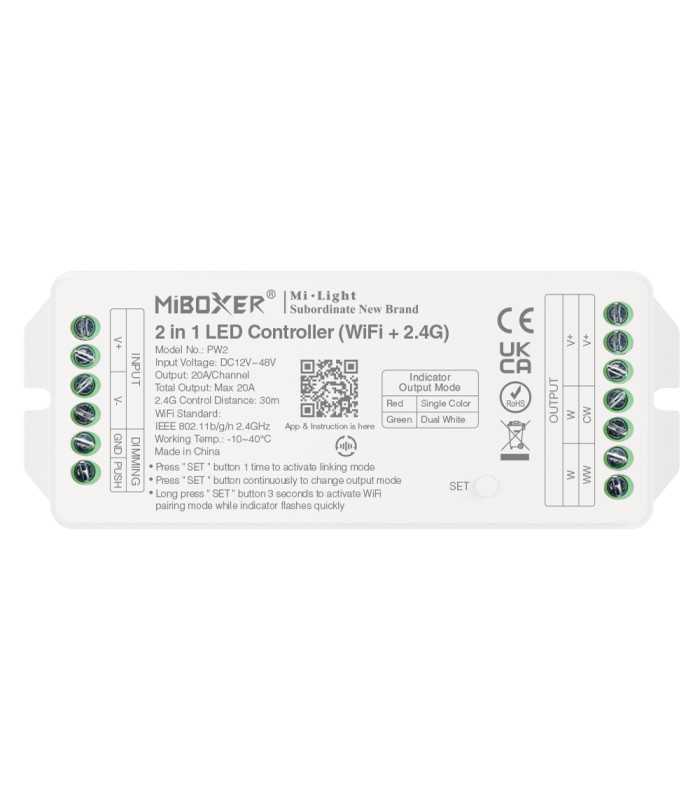 Top view of the MiBoxer 2-in-1 LED Controller with WiFi (2.4G), featuring connection terminals and specifications