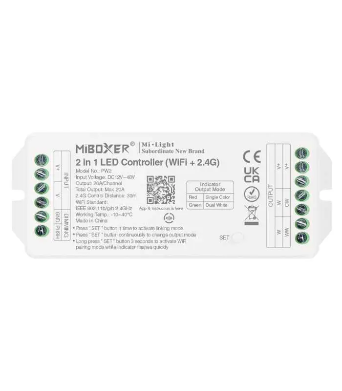 Top view of the MiBoxer 2-in-1 LED Controller with WiFi (2.4G), featuring connection terminals and specifications