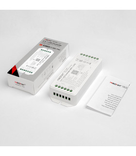 Top view of the MiBoxer 2-in-1 LED Controller with WiFi (2.4G), featuring connection terminals and specifications