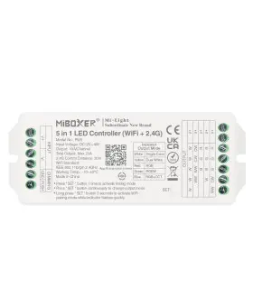 Top view of the MiBoxer 5-in-1 LED Controller displaying its connection ports, specifications, and instructions