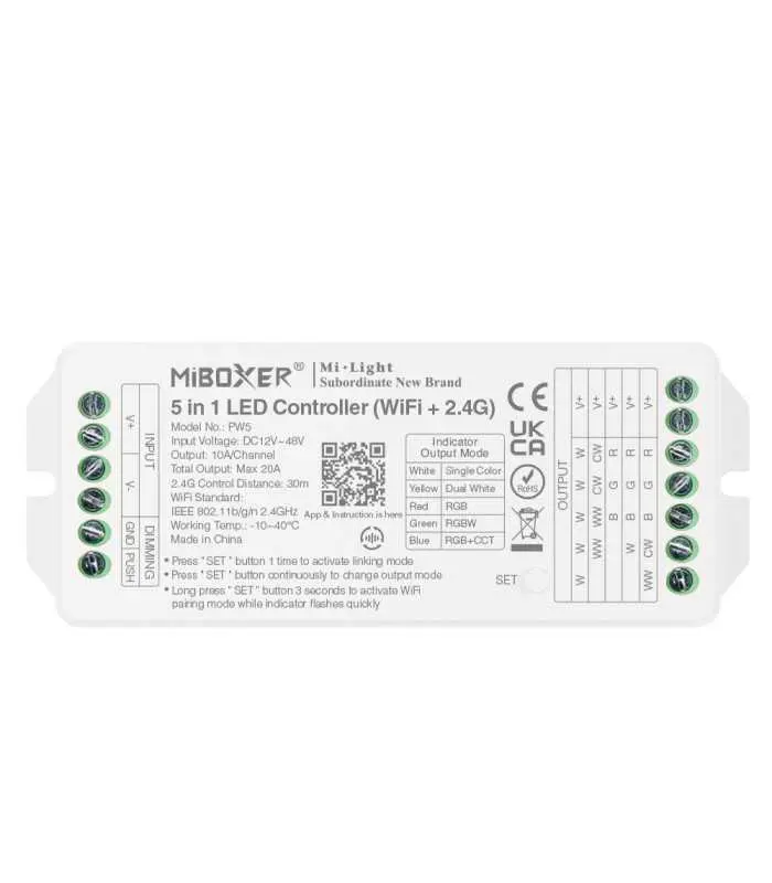 Top view of the MiBoxer 5-in-1 LED Controller displaying its connection ports, specifications, and instructions