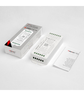 Top view of the MiBoxer 5-in-1 LED Controller displaying its connection ports, specifications, and instructions