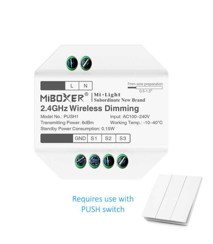 Close-up of MiBoxer 2.4GHz wireless dimming controller, showing its labelled terminals for RGB/CCT and ON/OFF functions