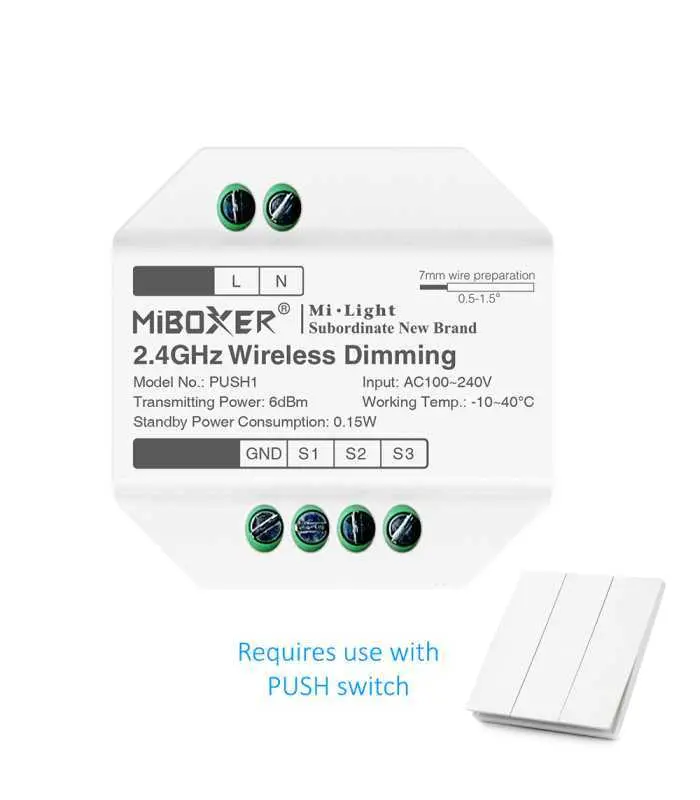 Close-up of MiBoxer 2.4GHz wireless dimming controller, showing its labelled terminals for RGB/CCT and ON/OFF functions