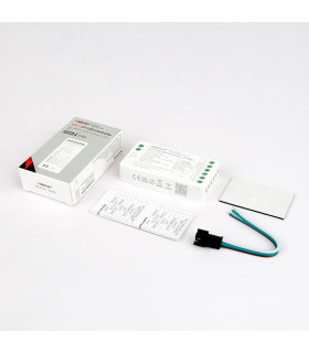 Close-up view of the MiBoxer SPIR3 3-in-1 SPI LED Controller showing connections, mode settings, and technical specifications.