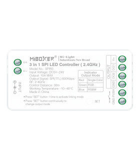 Close-up view of the MiBoxer SPIR3 3-in-1 SPI LED Controller showing connections, mode settings, and technical specifications.