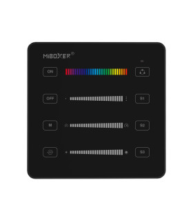 front view of the black MiBoxer B6 SPI Panel Remote featuring touch sliders for colour, brightness, and scene control.