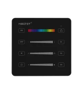 front view of the black MiBoxer B6 SPI Panel Remote featuring touch sliders for colour, brightness, and scene control.