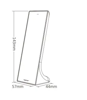 Line drawing of a standing remote control with dimensions: 143mm tall, 57mm wide, and 44mm deep.