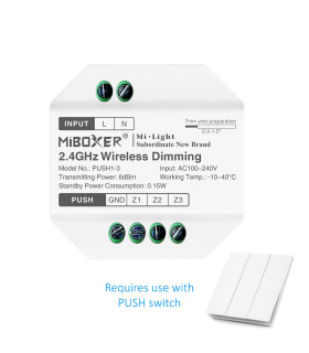 Close-up of MiBoxer 2.4GHz Wireless Dimming Controller (PUSH1-3) showing its input/output ports