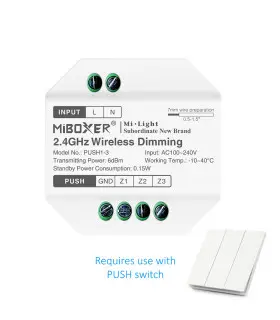 Close-up of MiBoxer 2.4GHz Wireless Dimming Controller (PUSH1-3) showing its input/output ports