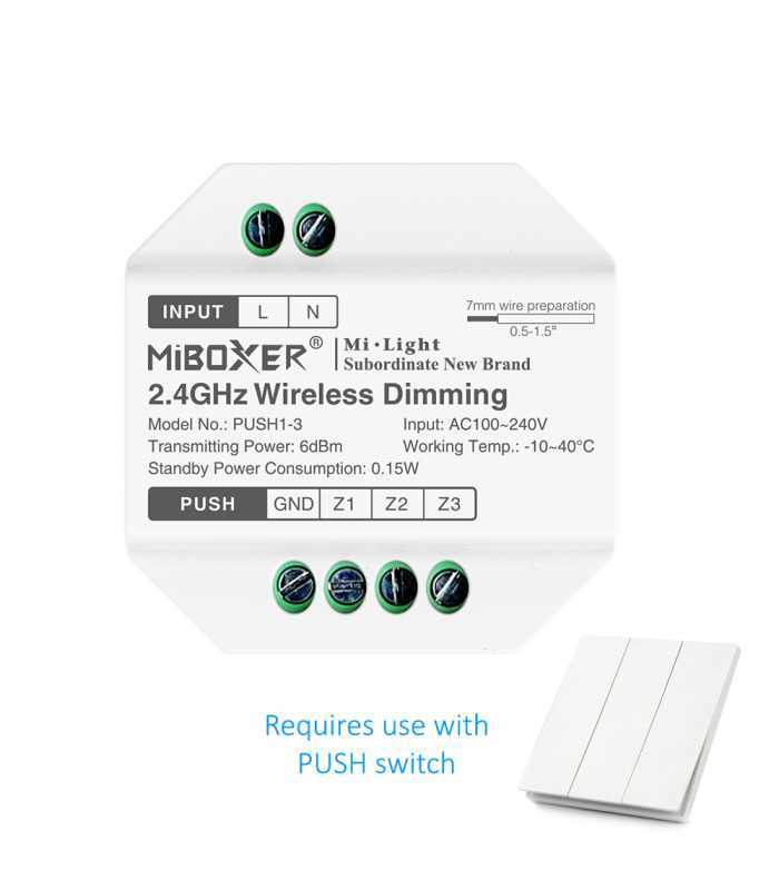 Close-up of MiBoxer 2.4GHz Wireless Dimming Controller (PUSH1-3) showing its input/output ports