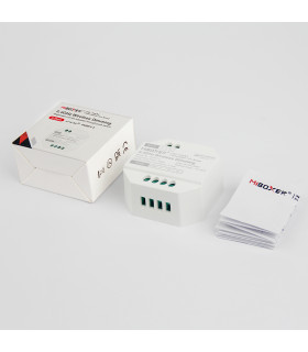 MiBoxer 2.4GHz Wireless Dimming Controller (PUSH1-3) alongside its packaging and instruction manual on a white background.