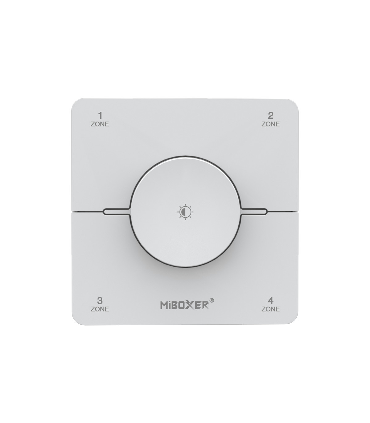 MiBoxer 4 Zone Rotating Remote K0S in white, showing front view with zone labels and central dial