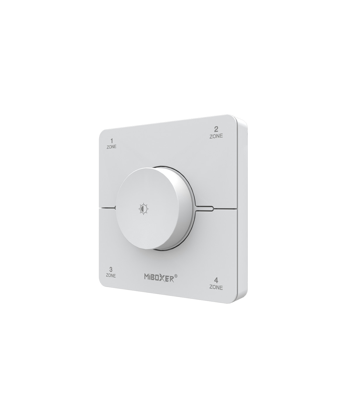 MiBoxer 4 Zone Rotating Remote K0S in white, angled side view showing rotating control knob