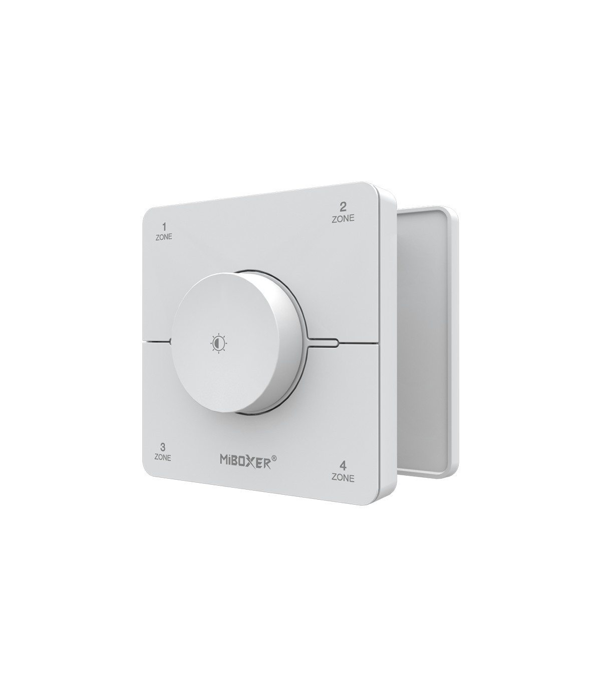 MiBoxer 4 Zone Rotating Remote K0S in white, angled side view showing removable magnetic back cover