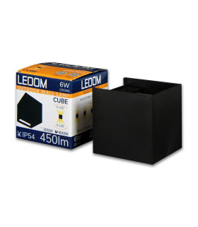 White LED outdoor cube wall lamp from LEDOM, displayed with packaging showing 450 lumens brightness and adjustable beam angle.