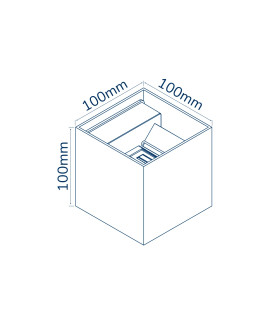 Technical drawing of an LED wall light fixture with dimensions labeled as 100mm by 100mm.