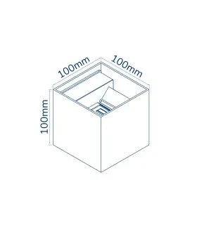 Technical drawing of an LED wall light fixture with dimensions labeled as 100mm by 100mm.