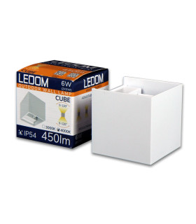 White LED outdoor cube wall lamp from LEDOM, displayed with packaging showing 450 lumens brightness and adjustable beam angle.