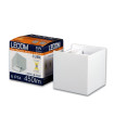 White LED outdoor cube wall lamp from LEDOM, displayed with packaging showing 450 lumens brightness and adjustable beam angle.