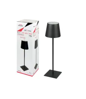 Stylish black table lamp with a cylindrical shade displayed alongside its packaging, emphasizing its contemporary look.