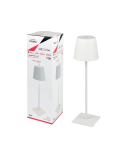 Stylish black table lamp with a cylindrical shade displayed alongside its packaging, emphasizing its contemporary look.