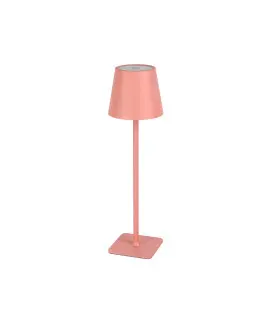 Pink table lamp with slim stand and square base, designed for outdoor use.