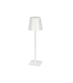 Pink table lamp with slim stand and square base, designed for outdoor use.