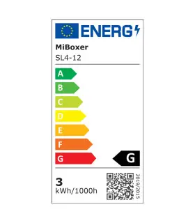 Energy efficiency label for MiBoxer SL4-12, indicating power consumption and rating.